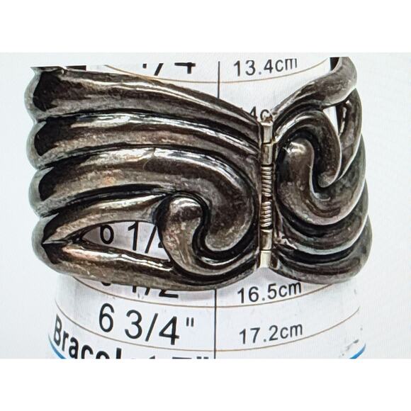 Vtg Taxco Signed ES Mexican Modernist 925 Sterling Scrolled Clamper Bracelet - Picture 9 of 11